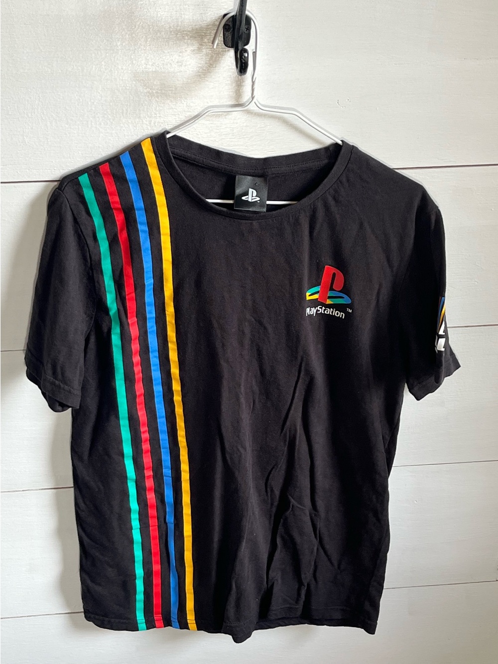 PlayStation Black Short Sleeve Logo Tee with Multi-Stripe Detail